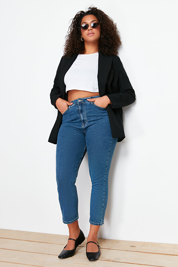 Mavi Yüksek Bel Kısa Boy Esnek/Stretch Büyük Beden Skinny Jeans TBBSS24CJ00032 - 5