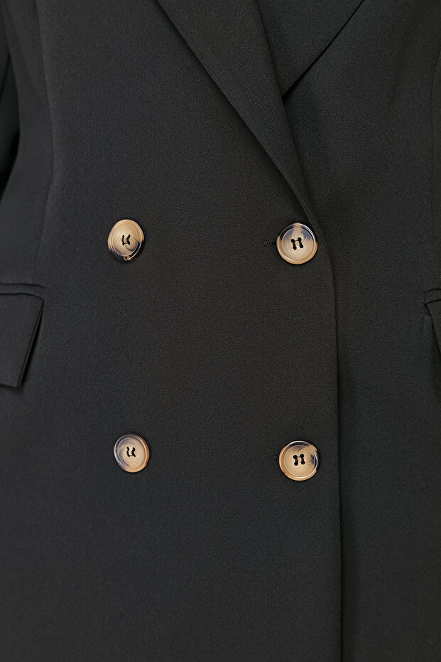 Siyah Oversize/Bol Kesim Astarlı Kruvaze Kapama Dokuma Blazer Ceket TBBSS24AG00002 - 7