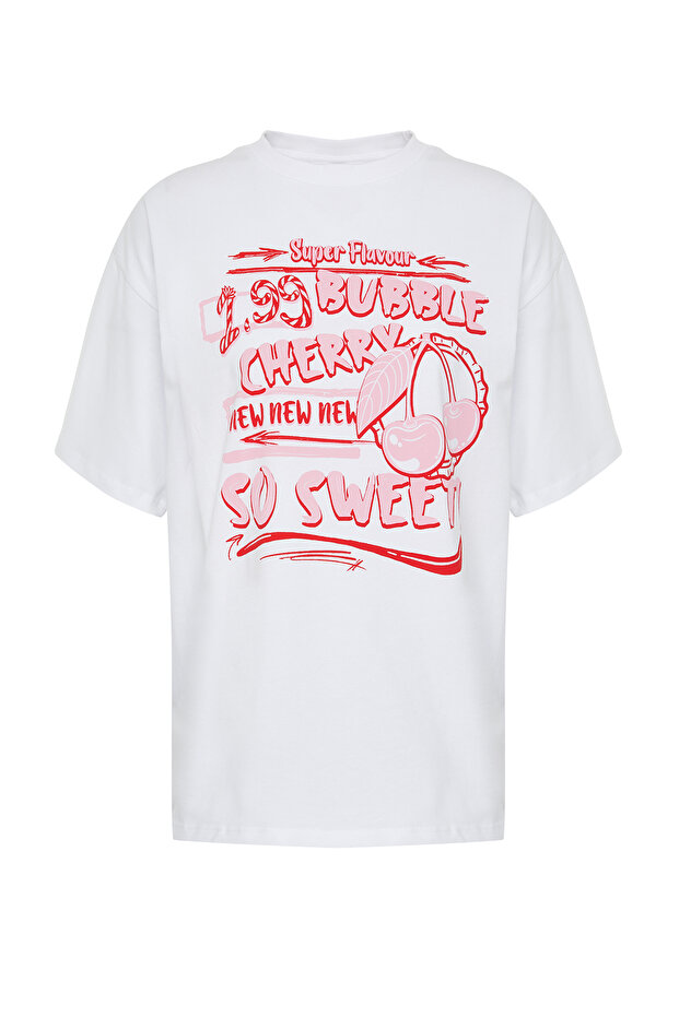 Beyaz %100 Kalın Pamuklu Baskılı Oversize/Rahat Kesim Örme T-Shirt TWOSS24TS00123 - 7