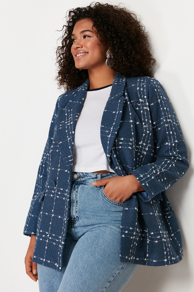 Granatowa tweedowa marynarka z tkaniny TBBSS24AG00004 - 3