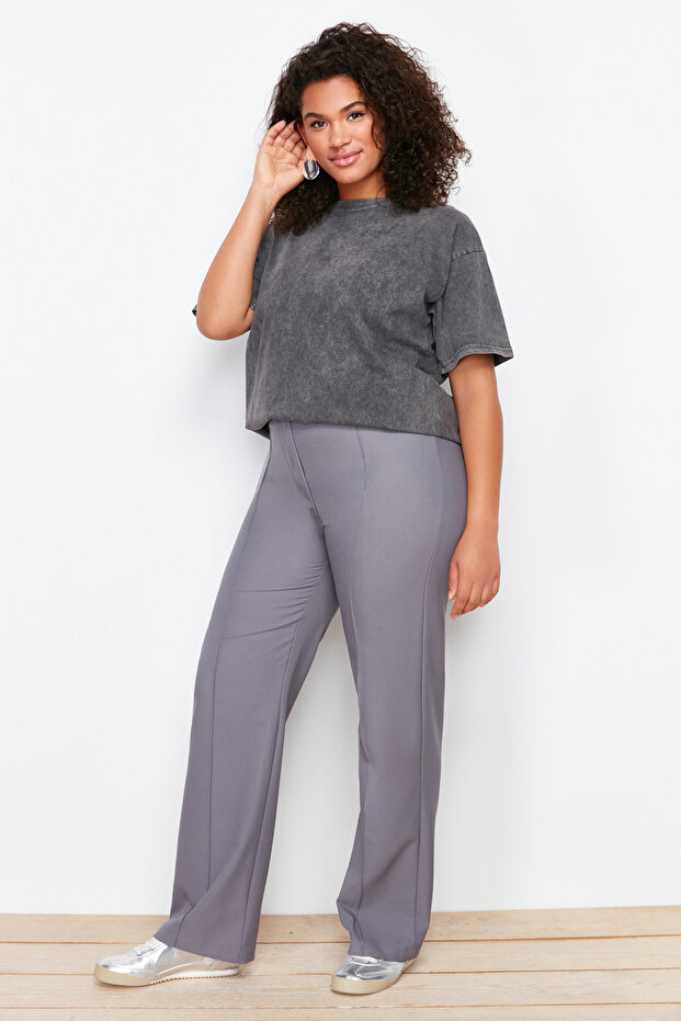 Gri Yüksek Bel Wide Leg/Geniş Paça Dokuma Kumaş Pantolon TBBAW24AR00032 - 2