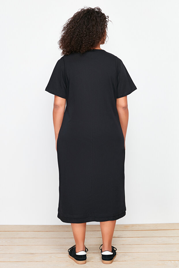 Siyah Nakış Detaylı Örme Maxi/Uzun %100 Pamuk T-shirt Elbise TBBSS24AH00084 - 6