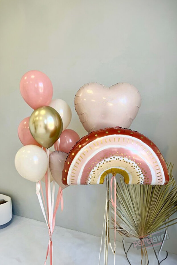 Retro Rainbow Boho Bohemian Pink Balloon Set Gold Balloon Set with Heart