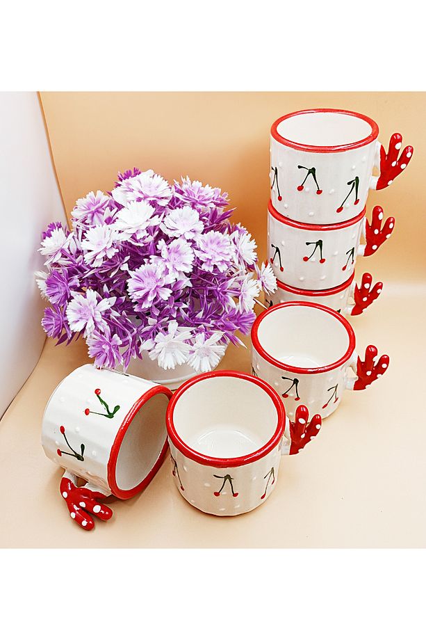 6 Adet Kiraz  Fincan -Hand Made Seramik 150 Ml Çay,duble Kahve,espresso,neskafe Bardağı - 2