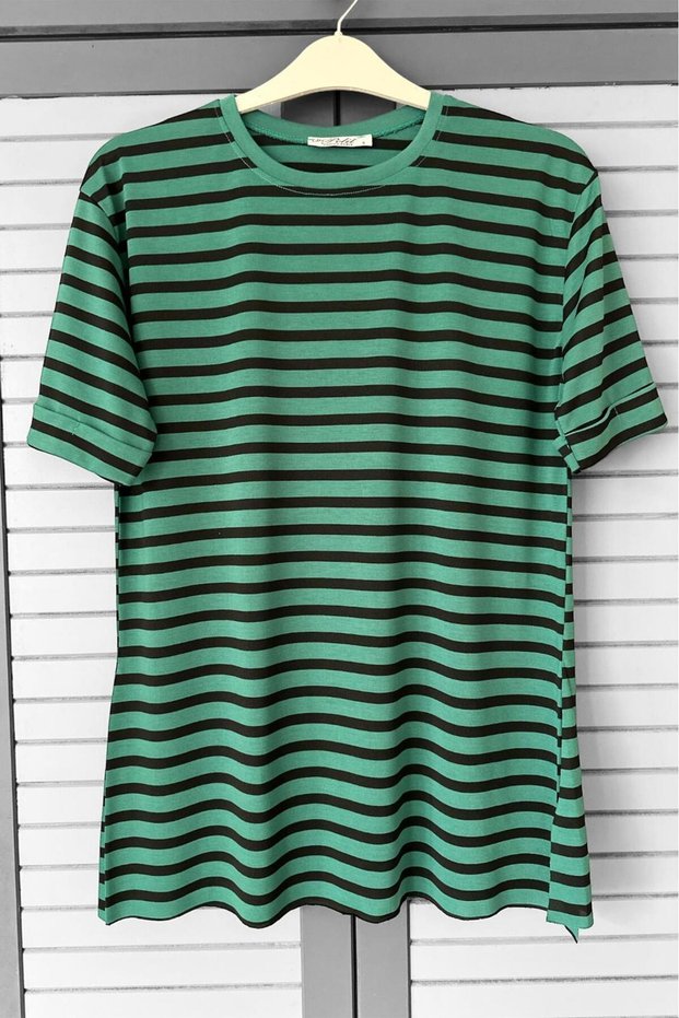 WOMEN'S BICYCLE COLLAR AND HANDLE DUBLE ARM SKIRT SLIT STRIPED T-SHIRT TUNIC