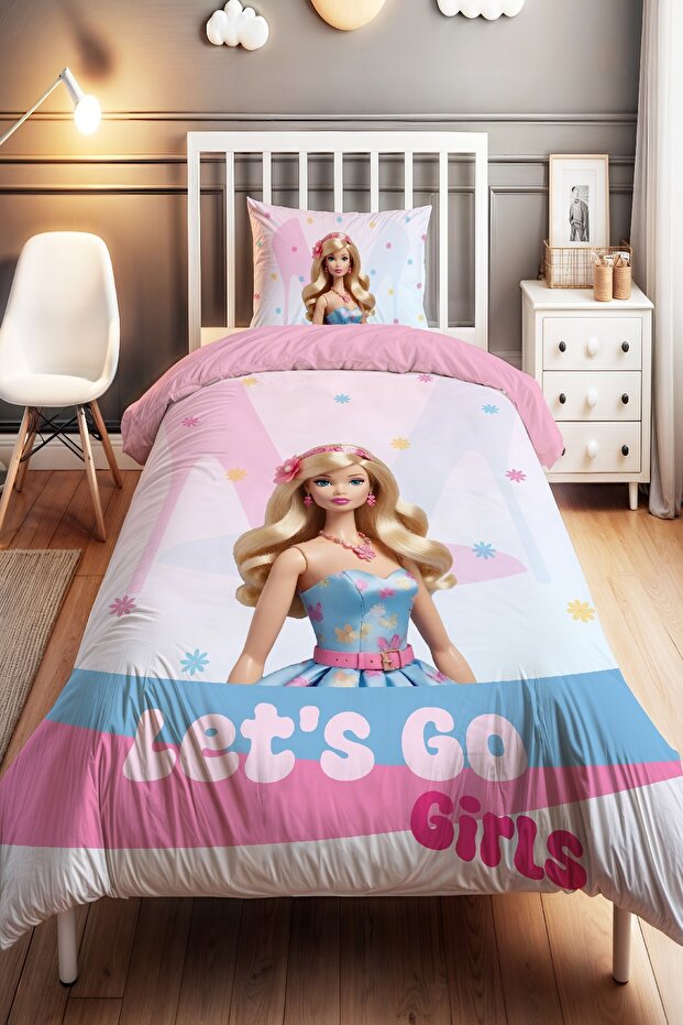 Barbi Patterned Single Baby Kids Duvet Cover Set in Blue Dress