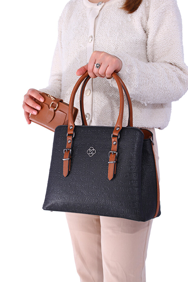 Jn-1320 Embossed Wallet Combination Women's Hand and Shoulder Bag Black-tan