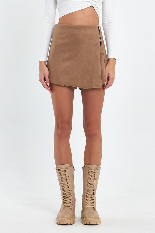 Covered Zipper Detail Suede Shorts Skirt