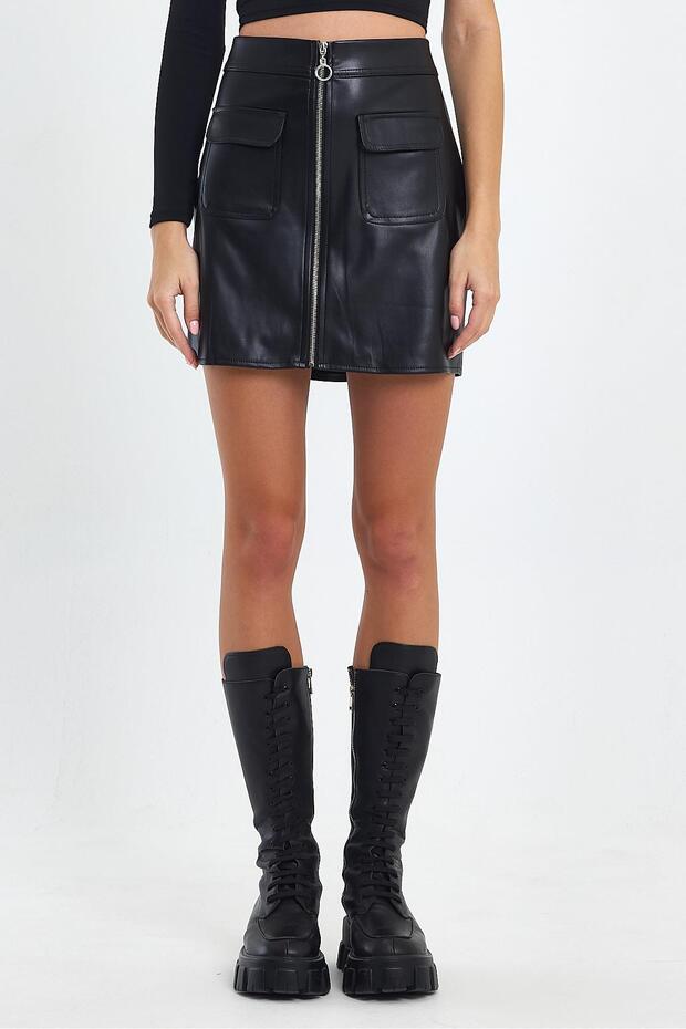 Pocket Detail Leather Skirt