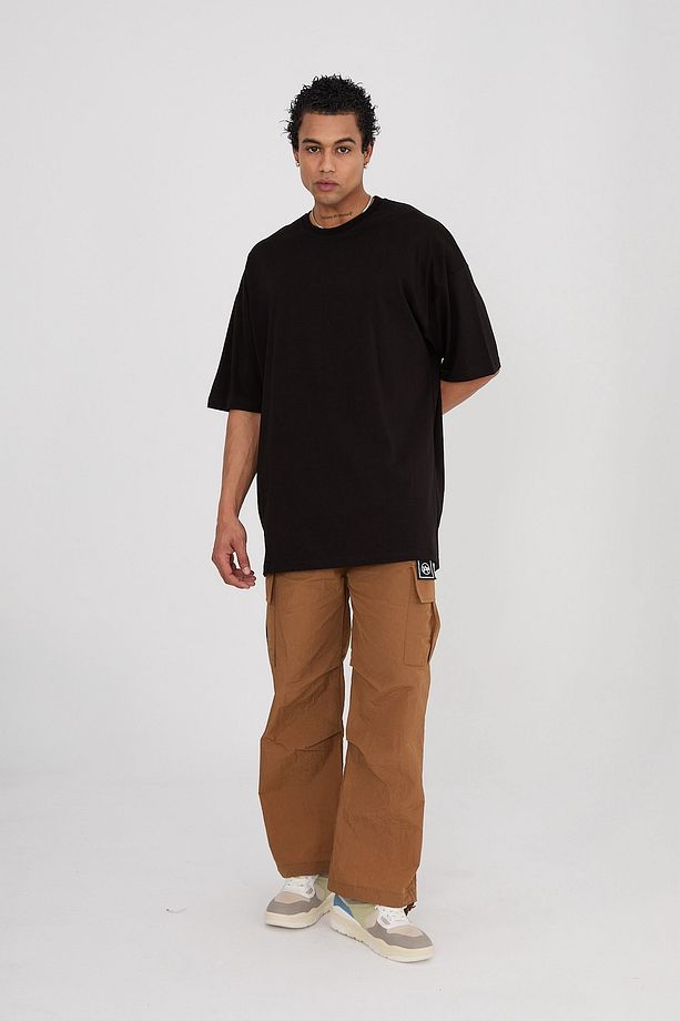 Siyah Yırtmaçlı Basic Düz  Sade renk %100 Pamuk Bisiklet Yaka Oversize Tshirt - 5