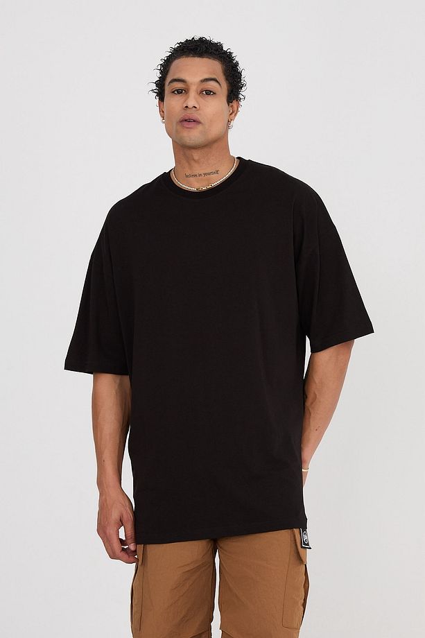 Siyah Yırtmaçlı Basic Düz  Sade renk %100 Pamuk Bisiklet Yaka Oversize Tshirt - 7