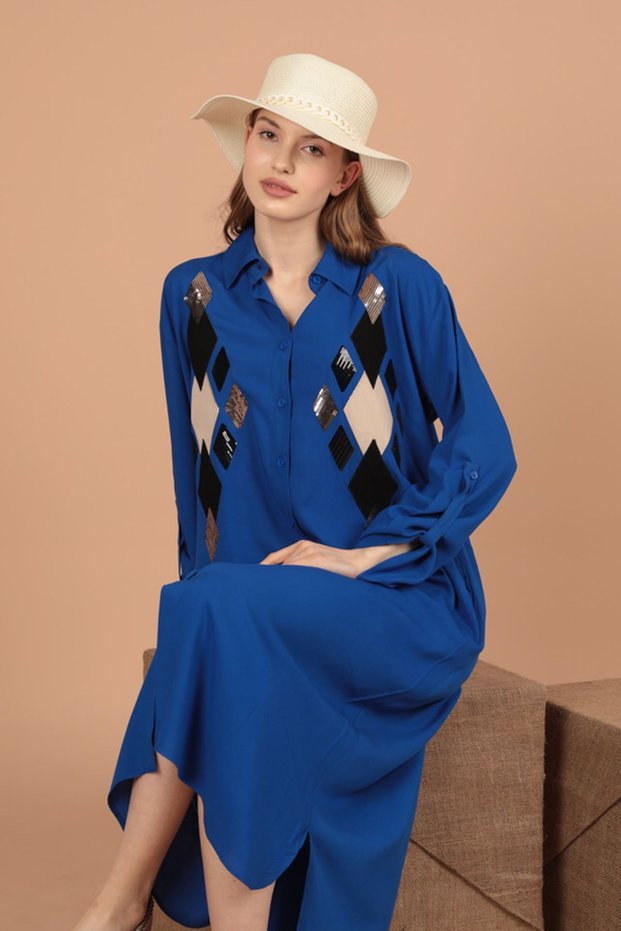 Sequin Embroidery Detailed Shirt Collar Long Sleeve and Viscose Fabric Women's Dress Cobalt Blue Summer / Spring