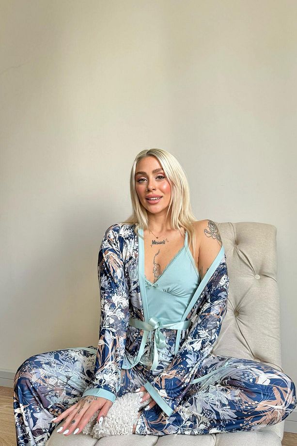 Mint Flore Exclusive Örme Sabahlıklı Kadın Pijama Takımı - 5