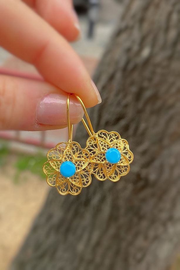 Gümüş Telkari mavi taşlı gül anne küpesi tk23e238 - 7