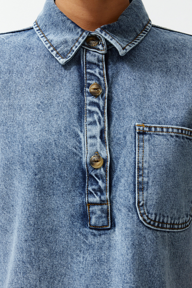Mavi Cep Detaylı Oversize Mini Denim Gömlek Elbise TWOSS22EL3022 - 5