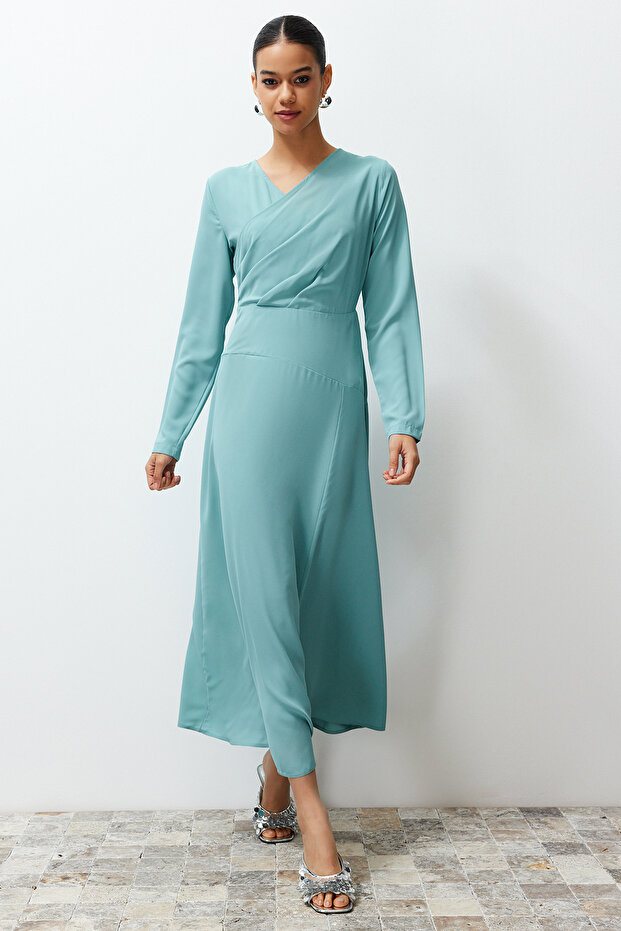 Khaki Double Breasted Collar Woven Satin Evening Dress TCTSS24DB00046