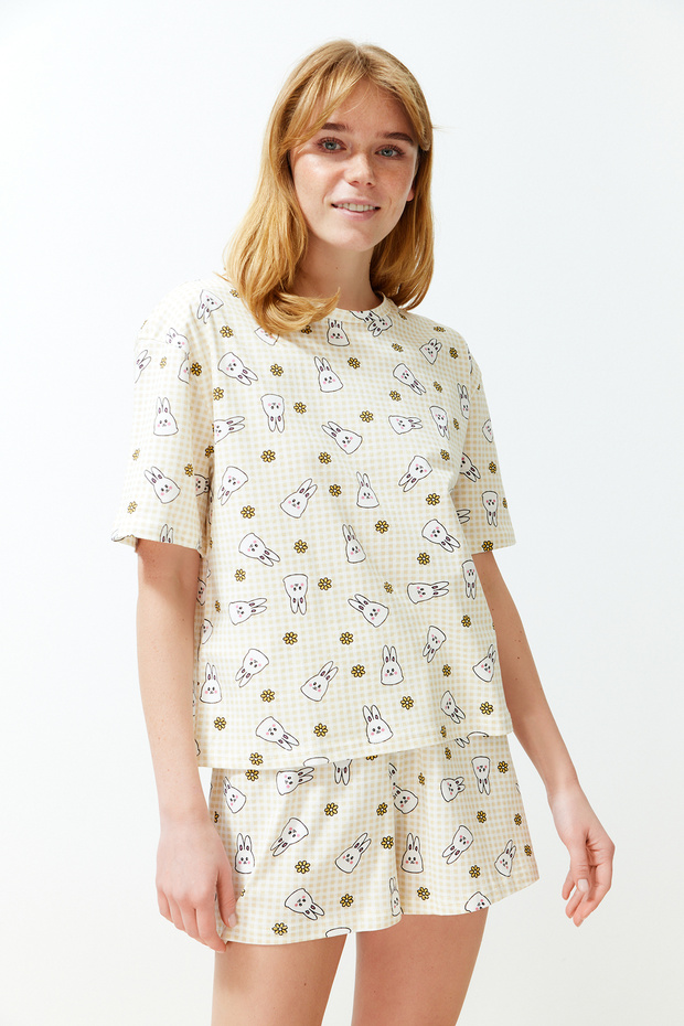 Sarı-Çok Renkli %100 Pamuklu Pötikare Şortlu Örme Pijama Takımı THMSS24PT00211 - 1