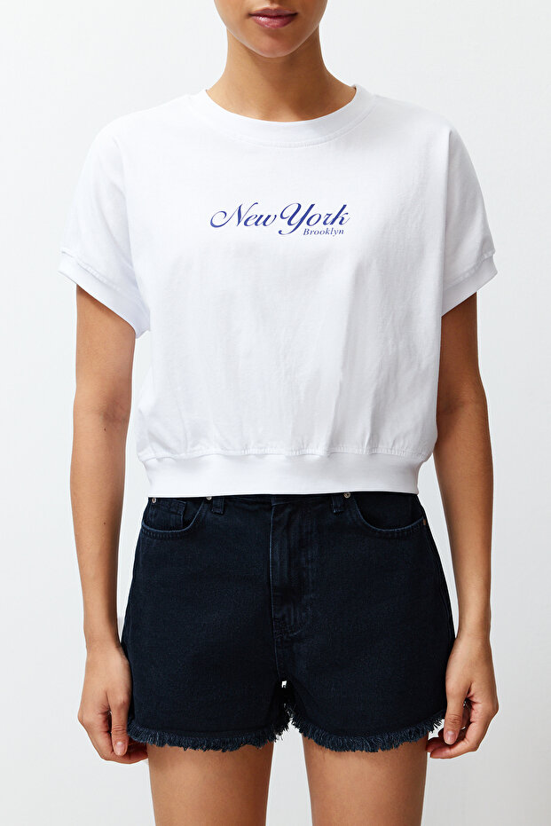 Beyaz %100 Kalın Pamuklu Slogan Baskılı Örme T-Shirt TWOSS24TS00013 - 4