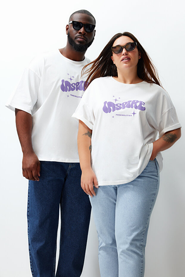 Ekru Unisex Oversize Rahat %100 Pamuklu Couple Örme T-Shirt TBBSS24BF00033 - 1