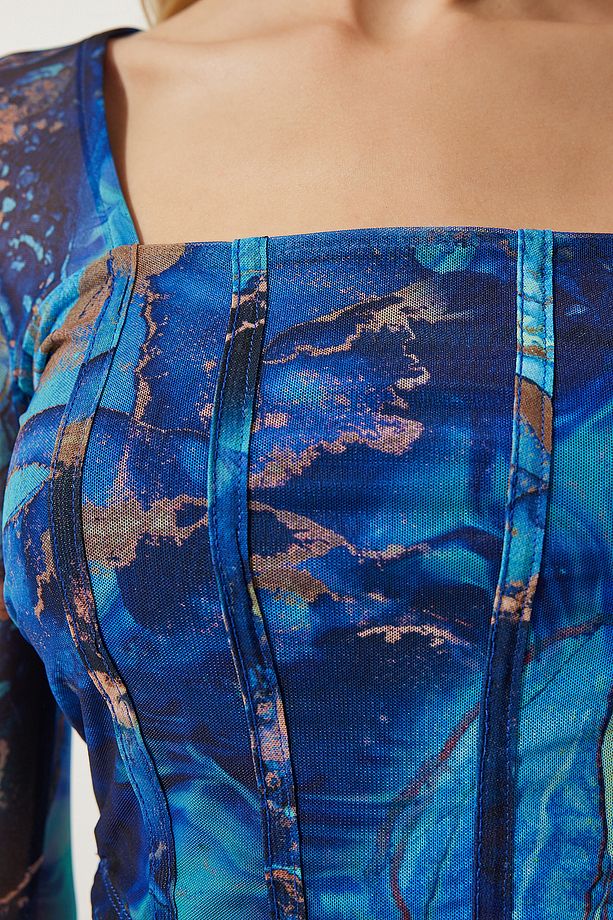 Kadın Mavi Desenli Crop Şifon Bluz AN00179 - 5
