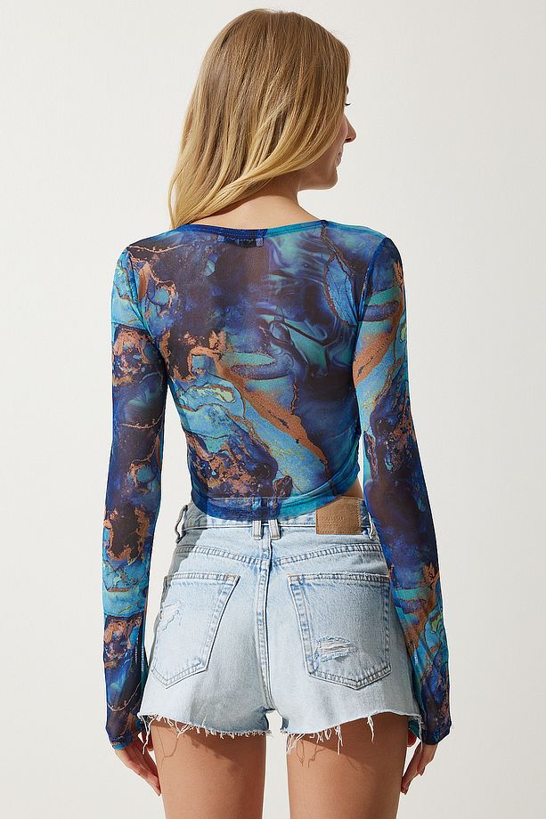Kadın Mavi Desenli Crop Şifon Bluz AN00179 - 6