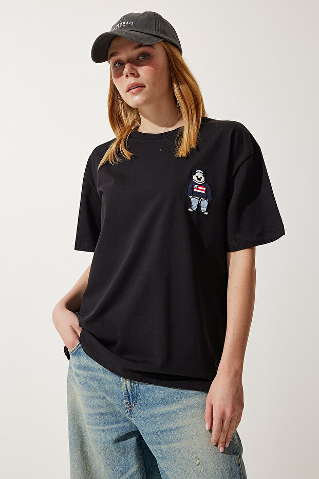 Women's Black Crew Neck Embroidered Oversize Knitted T-Shirt NJ00142