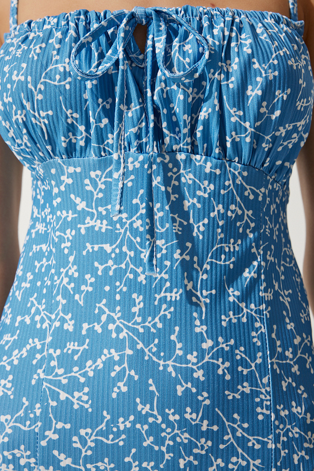 Leuchtendes hellblaues Sommer-Strickkleid mit Blumenmuster und Schlitz für Damen CI00029 - 5