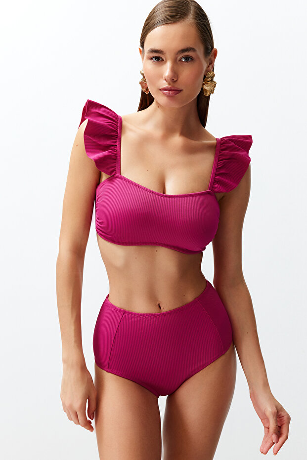 Fuşya Dokulu Fırfırlı Bralette Kaplı Hipster Yüksek Bel Bikini Takımı TBESS22BT0049 - 2