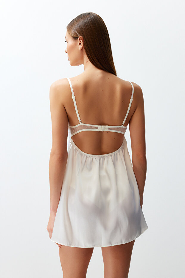 Bride/Bridal Beyaz Saten Dantelli İp Askılı Babydoll/Fantezi Gecelik THMSS24LL00005 - 8