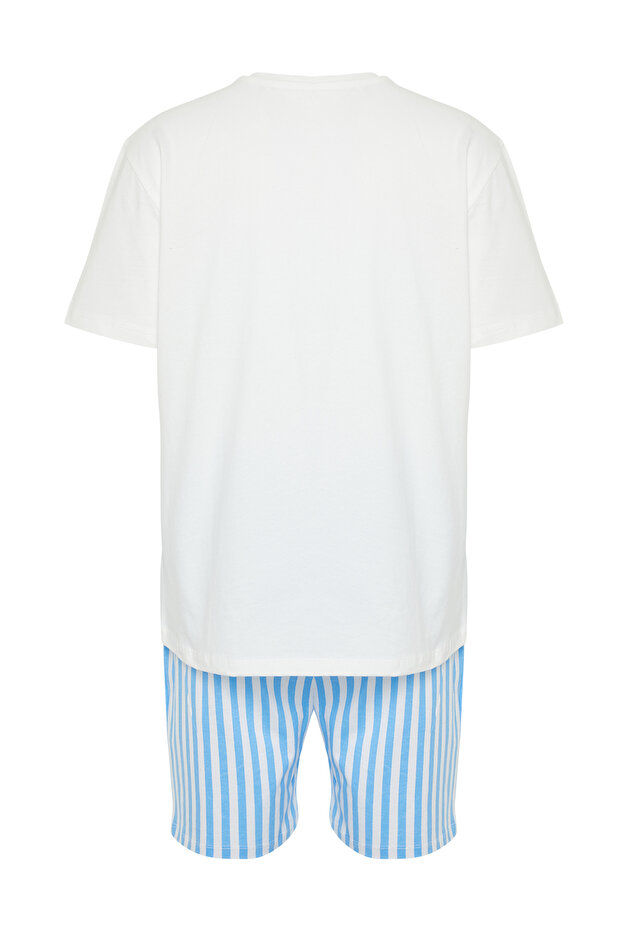 Mavi Ekru Çizgili Regular Fit Couple/Çift Örme Şortlu %100 Pamuk Pijama Takımı TMNSS24PT00017 - 8