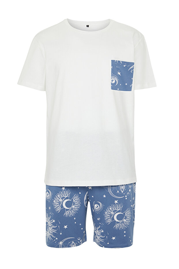 Ekru Mavi Baskılı Regular Fit Couple/Çift Örme Şortlu Pijama Takımı TMNSS24PT00018 - 7