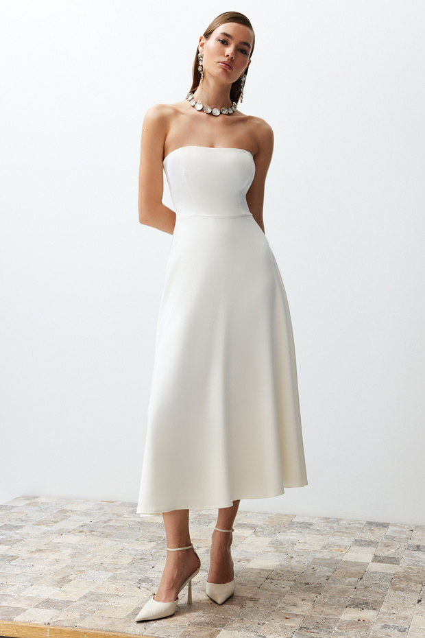 Bridal Beyaz A-Kesim Straplez Dokuma Düğün/Nikah Abiye Elbise TPRSS24EL00139 - 9