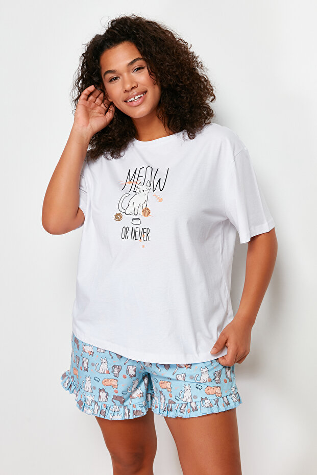 Mavi Kedi Desenli Örme Pijama Takımı TBBSS24AI00009 - 3