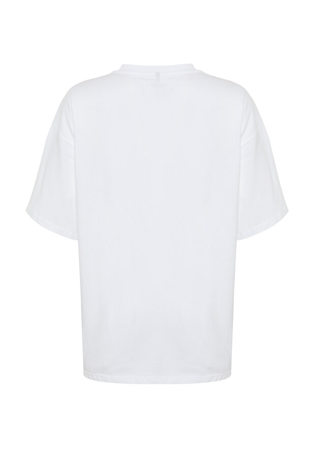Beyaz %100 Kalın Pamuklu Baskılı Oversize/Rahat Kesim Örme T-Shirt TWOSS24TS00123 - 8