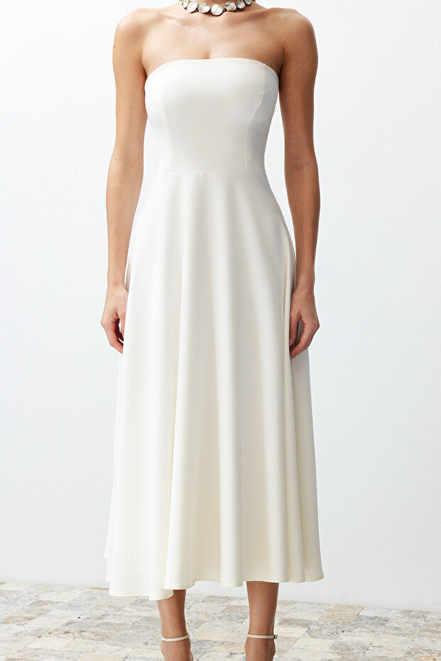 Bridal Beyaz A-Kesim Straplez Dokuma Düğün/Nikah Abiye Elbise TPRSS24EL00139 - 10