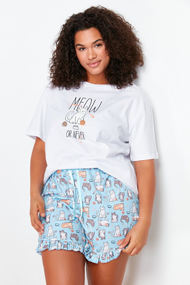 Mavi Kedi Desenli Örme Pijama Takımı TBBSS24AI00009 - 2