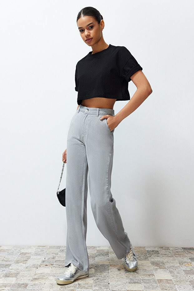 More Sustainable Gri %100 Tencel™ Düşük Bel Wide Leg Jeans TWOSS23JE00219 - 5
