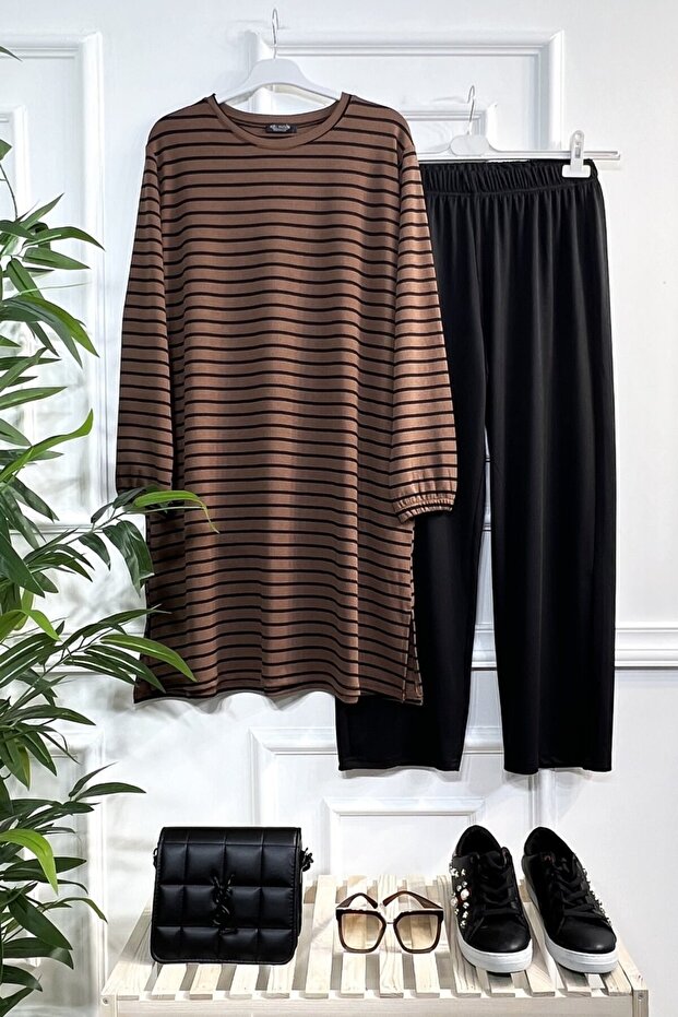 Large Size Tuana Striped Corded Full Flexible Double Set - Brown