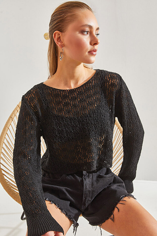 Women's Black Openwork Knitwear Blouse 20246047