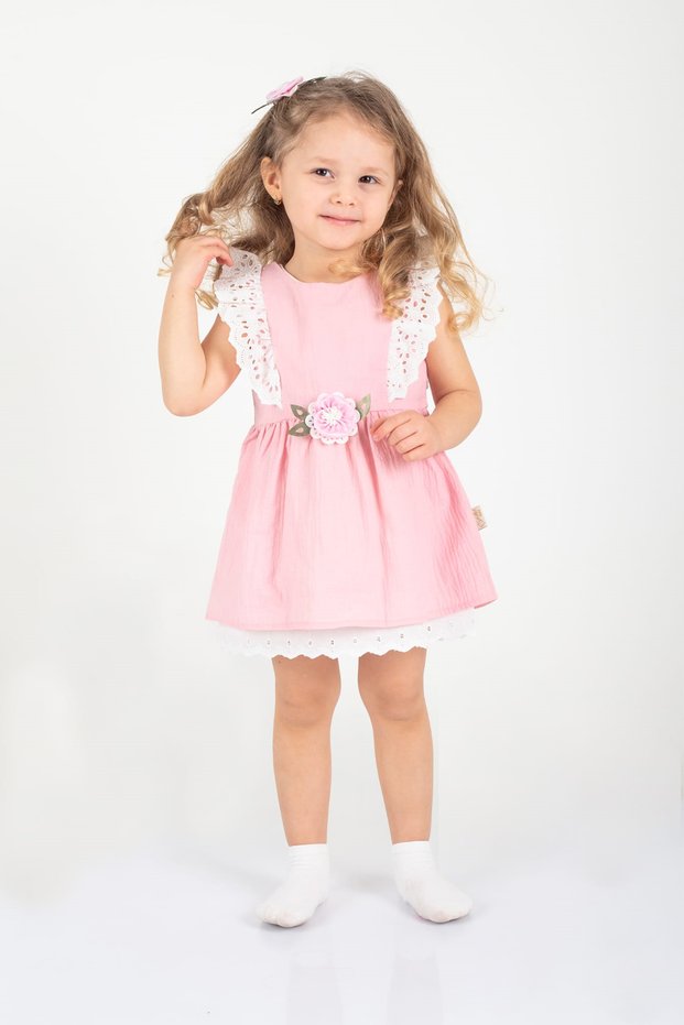 Baby Girl Child Dress Floral Lace Detailed 100% Cotton Seersucker Dress