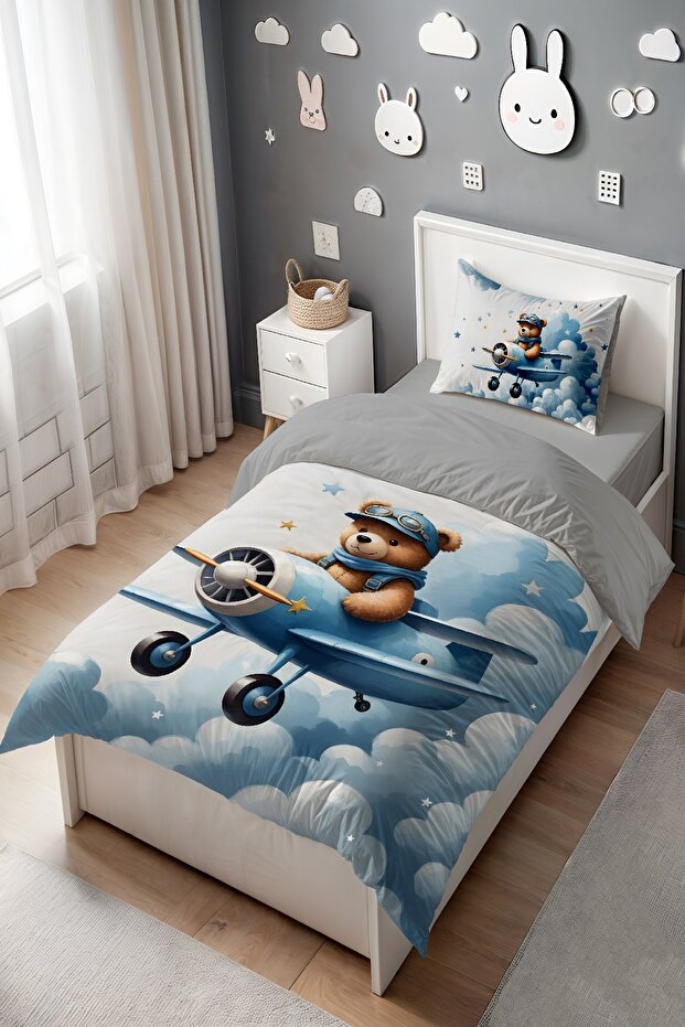 Mavi Uçaklı Ayıcık Desenli Tek Kişilik Bebek Çocuk Nevresim Seti - 3