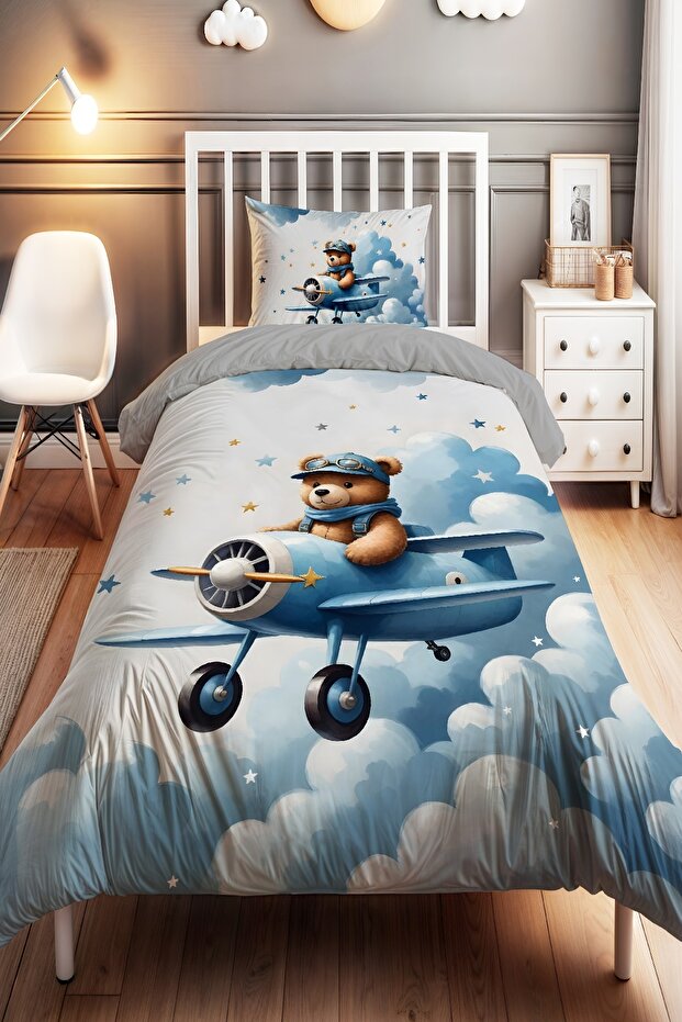 Mavi Uçaklı Ayıcık Desenli Tek Kişilik Bebek Çocuk Nevresim Seti - 1