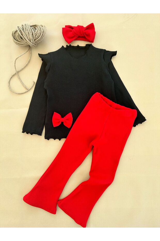 Girl's Bow Detailed Black and Red Spanish Flared Bandana Top and Bottom Set