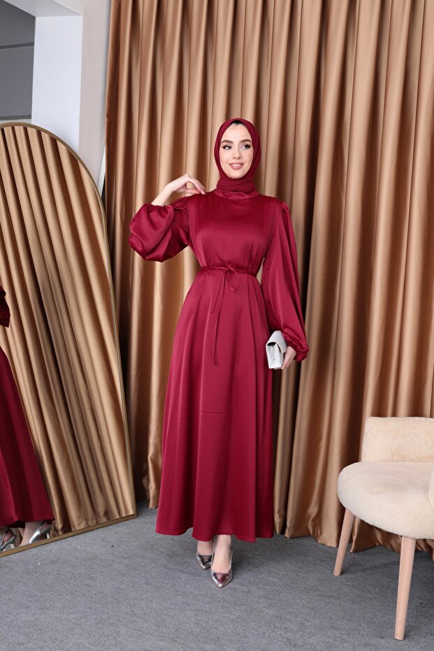 Balloon Sleeve Satin Hijab Oversize Piping Belted Hijab Dress