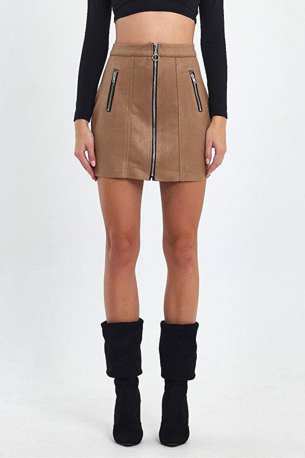 Double Zipper Detail Suede Skirt