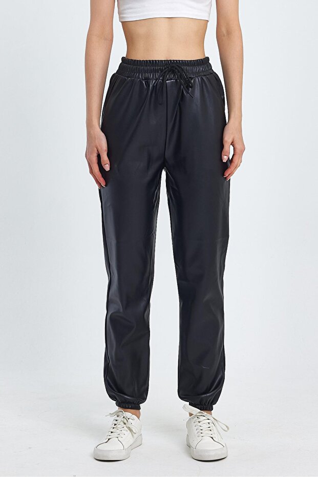 Women's Leather Jogger Pants with Elastic Waist and Legs