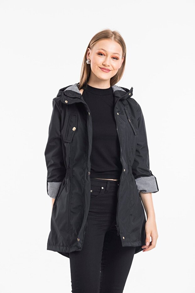 Women's Jacket Collar Waist Elastic Foldable Sleeve Lined Trench Coat
