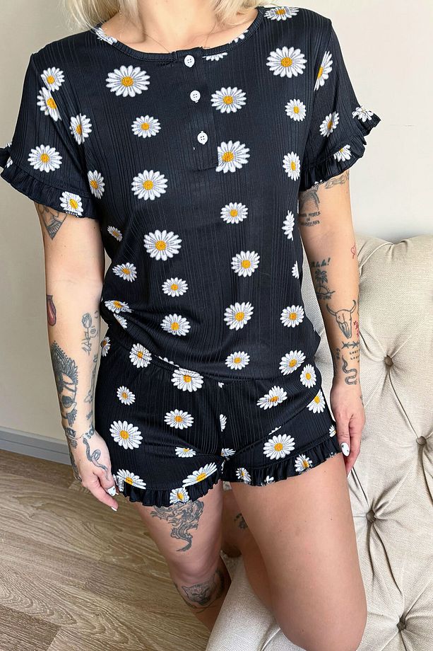 Papatya Desenli Örme Kısa Kol Şortlu Pijama Takımı - 6