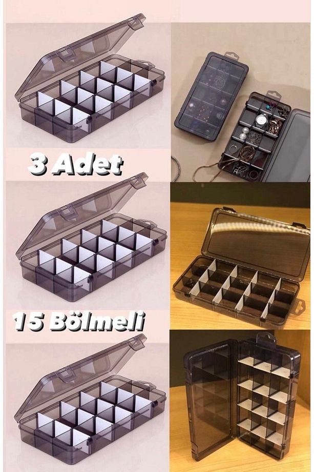 Füme 3 Adet 15 Bölmeli Kolye Yüzük Kapaklı Takı Kutusu Dikiş Kutusu Organizer Düzenleyici Kutu - 2