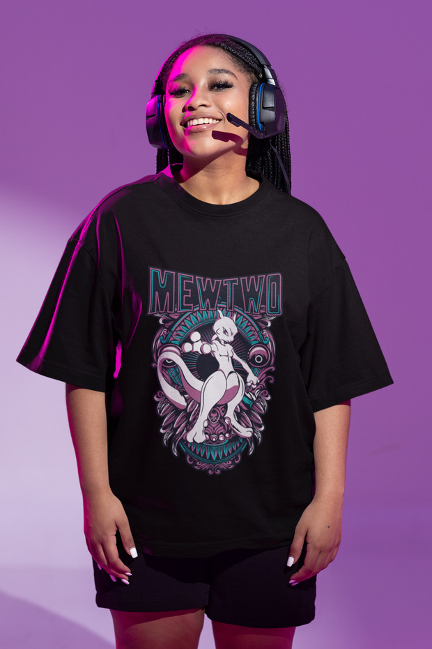 Unisex Oversize Mewtwo Printed T-Shirt, Men-Women Pokemon Printed Black T-Shirt